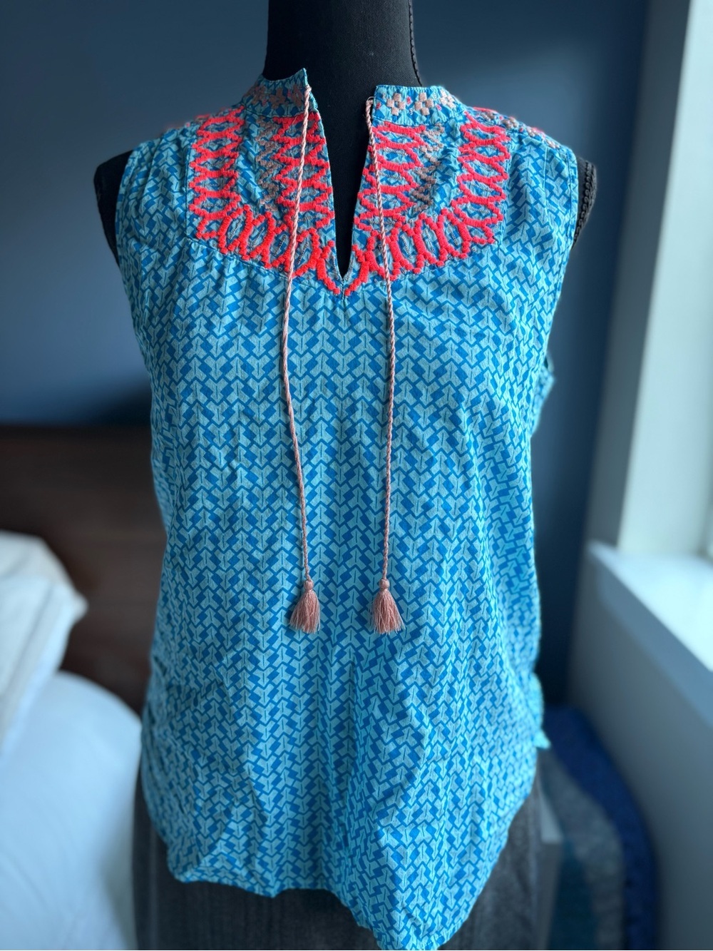 J. Crew Blue Sleeveless Blouse with Coral Embroidered Neck and Tassles